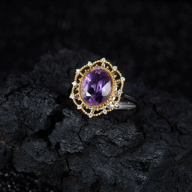 Wholesale Women's Retro Light Luxury Geometric S925 Sterling Silver Ring Inlaid With Natural Amethyst And Set With Gemstones - Image 3