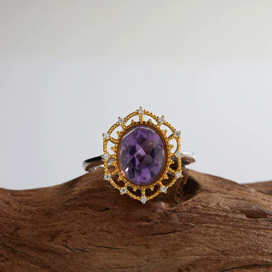 Wholesale Women's Retro Light Luxury Geometric S925 Sterling Silver Ring Inlaid With Natural Amethyst And Set With Gemstones - Image 4
