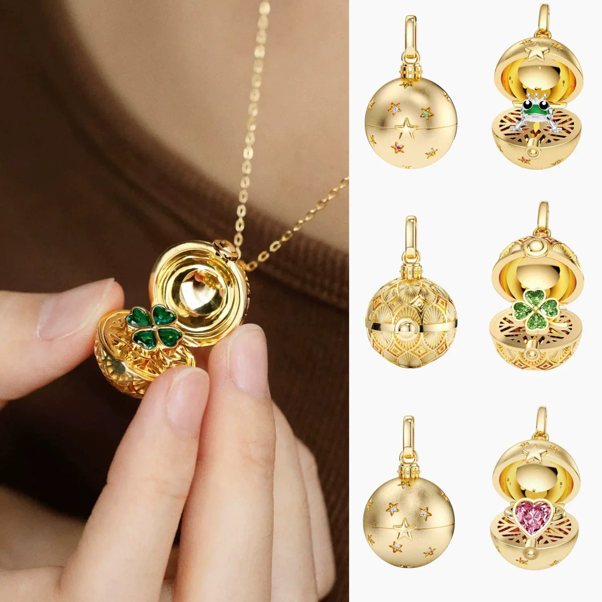 Wholesale Women's Retro Maillard Style Geometric Heart Four Leaf Clover Frog Opening And Closing Round Pendant Necklace With Copper Chain And Mixed Gemstone Setting Electroplated
