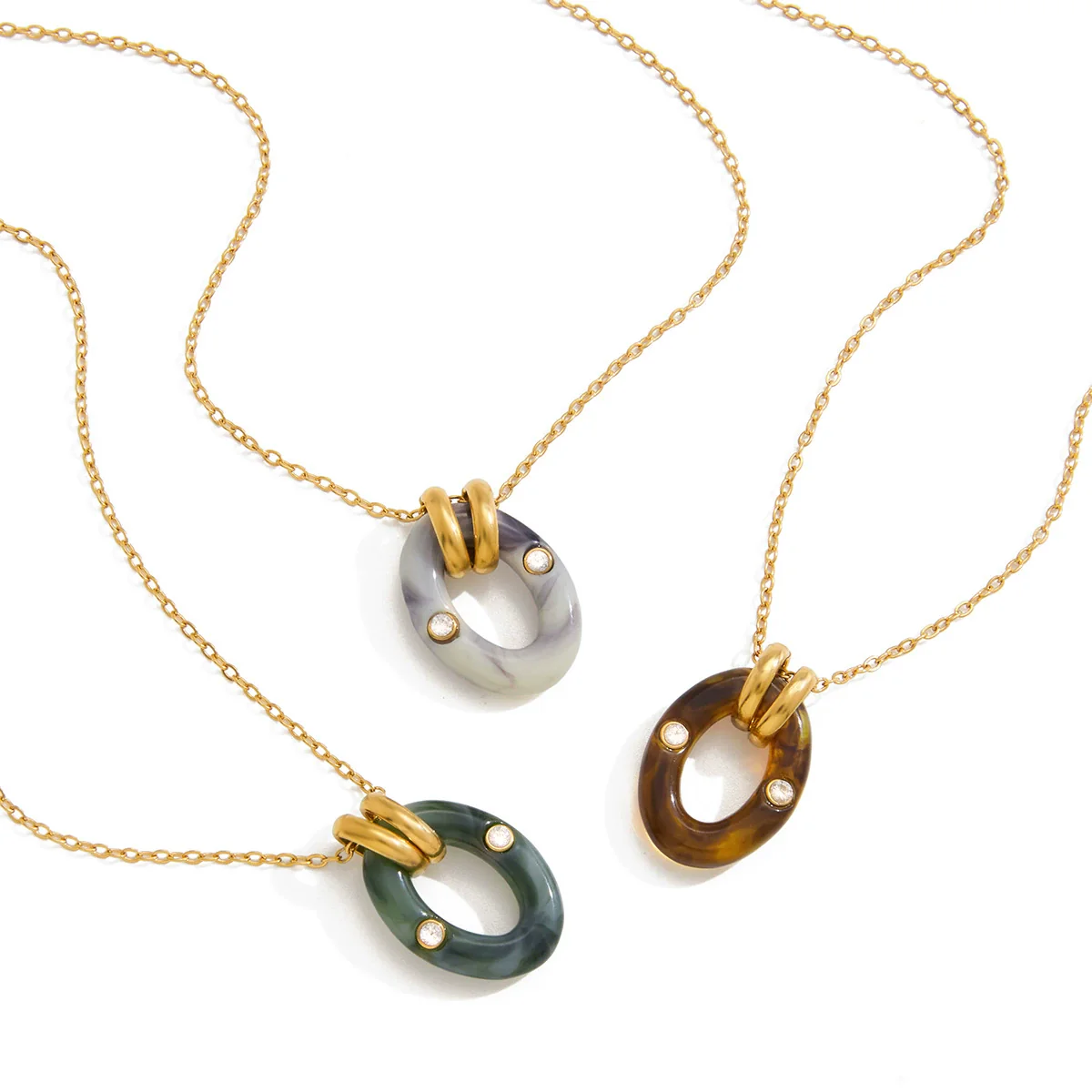 Wholesale Women's Retro Maillard Style Geometric Resin Pendant Stainless Steel O Word Chain Necklace With Electroplating - Image 5