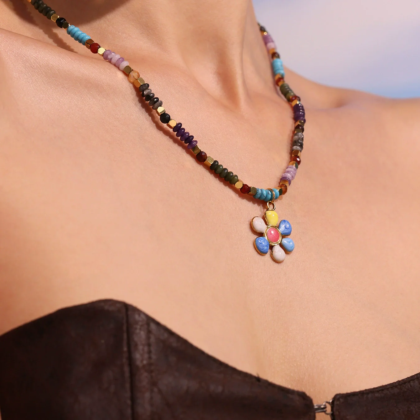 Wholesale Women's Retro Minimalist Geometric Ferris Wheel Necklace With Freshwater Pearl Agate And Stainless Steel Electroplated Pendant - Image 3