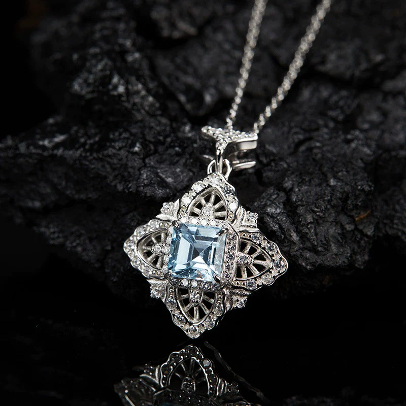 Wholesale Women's Retro Palace Hollow S925 Sterling Silver Inlaid Natural Topaz Pendant Necklace With Cross Chain And Gem Setting - Image 2