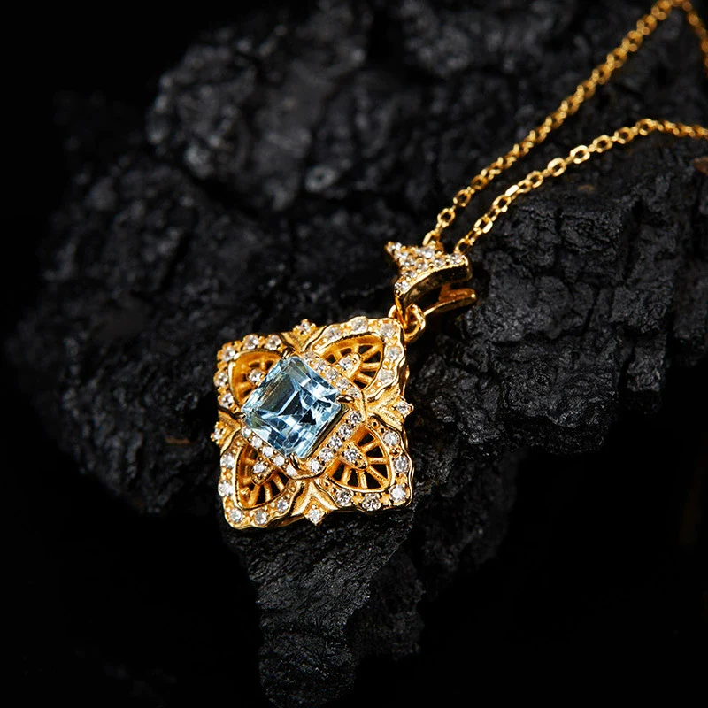 Wholesale Women's Retro Palace Hollow S925 Sterling Silver Inlaid Natural Topaz Pendant Necklace With Cross Chain And Gem Setting - Image 3