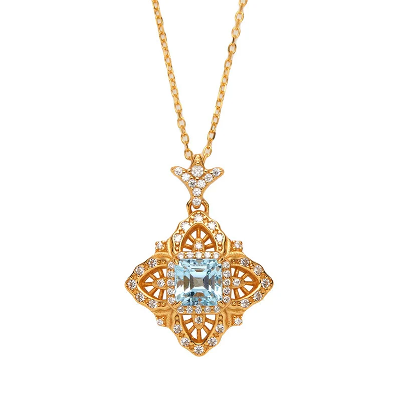 Wholesale Women's Retro Palace Hollow S925 Sterling Silver Inlaid Natural Topaz Pendant Necklace With Cross Chain And Gem Setting - Image 5