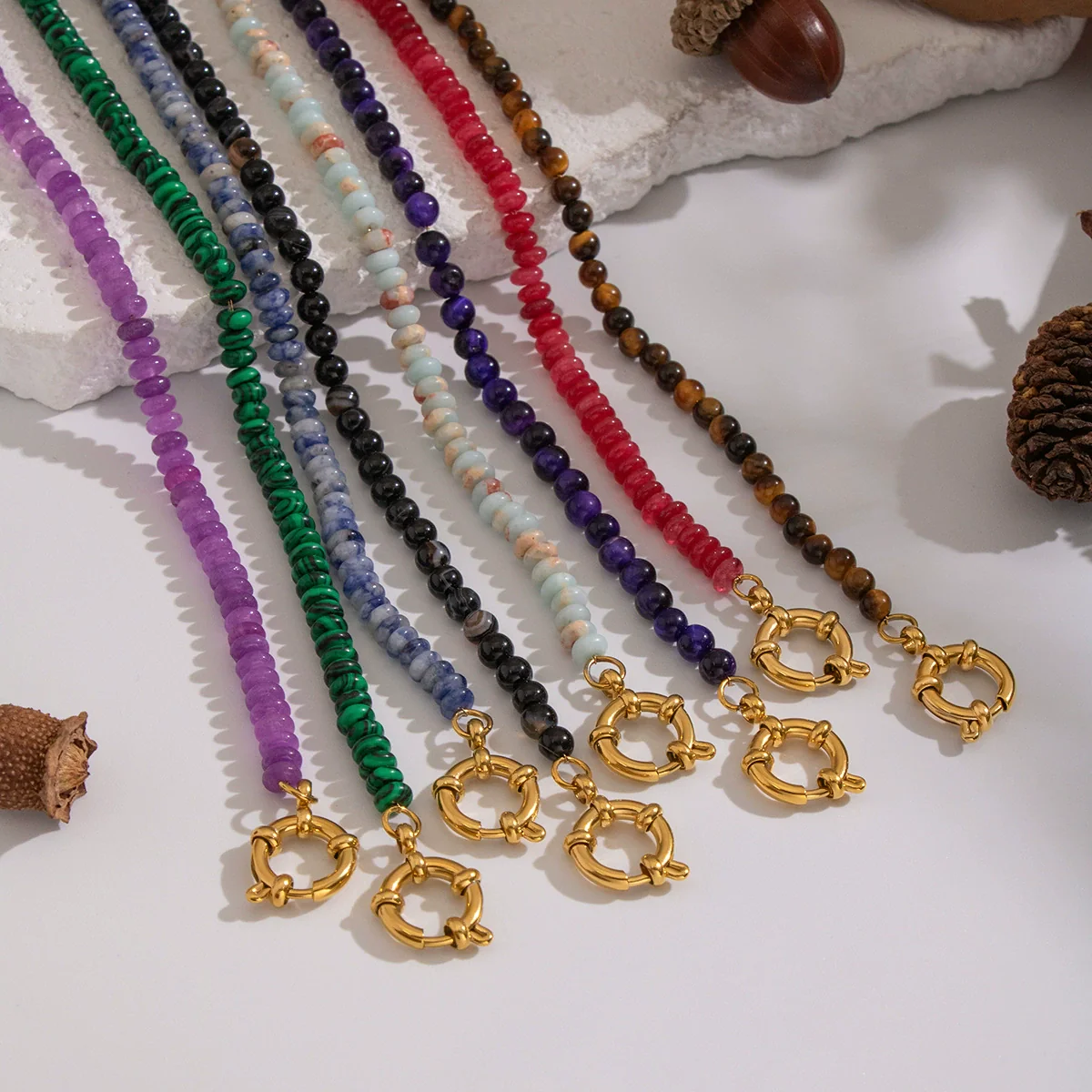 Wholesale Women's Retro Palace Style Geometric 18K Real Gold Plated Natural Stone Beaded Handmade Necklace