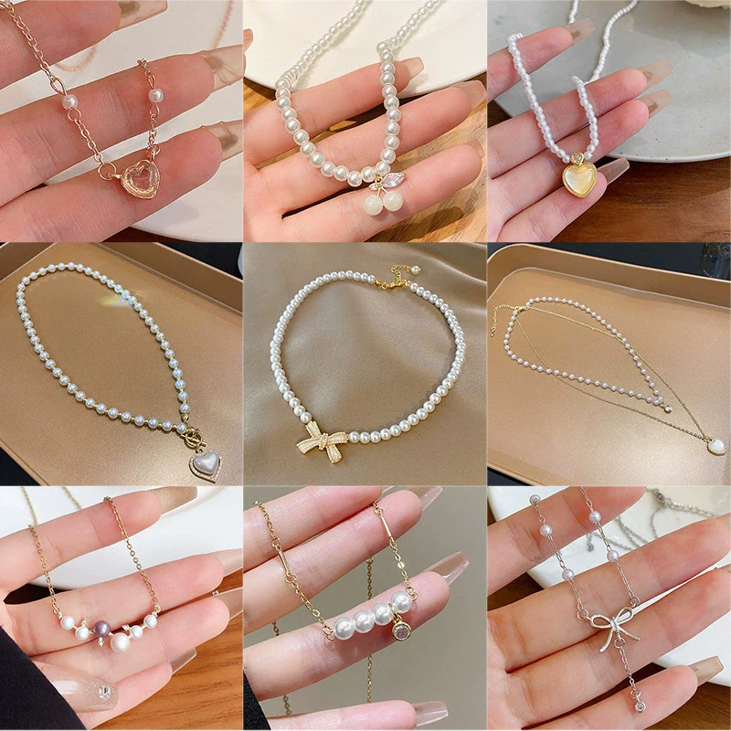 Wholesale Women's Retro Pearl Clavicle Chain Necklace Copper Geometric Heart Bow Electroplated - Image 3