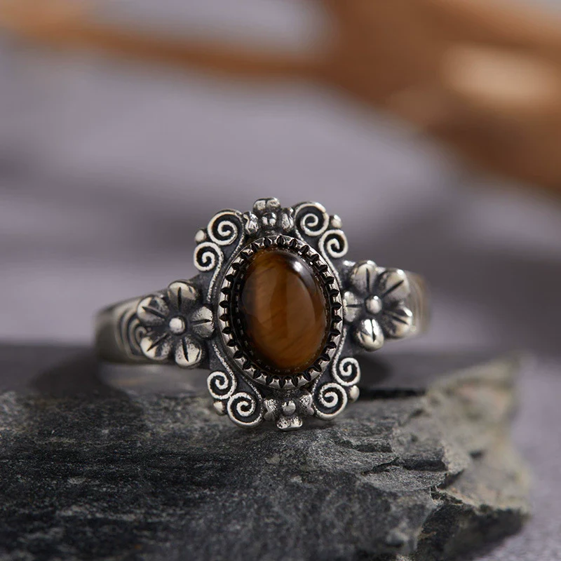 Wholesale Women's Retro Silver 925 Sterling Silver Ring Inlaid With Natural Tiger Eye Lapis Lazuli Rhombus Pattern - Image 2