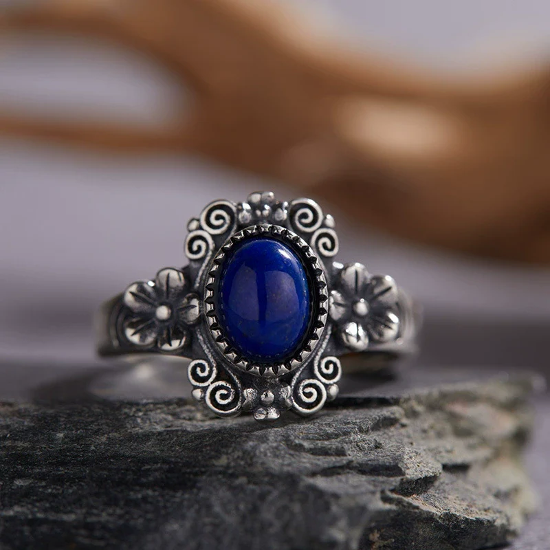 Wholesale Women's Retro Silver 925 Sterling Silver Ring Inlaid With Natural Tiger Eye Lapis Lazuli Rhombus Pattern - Image 4