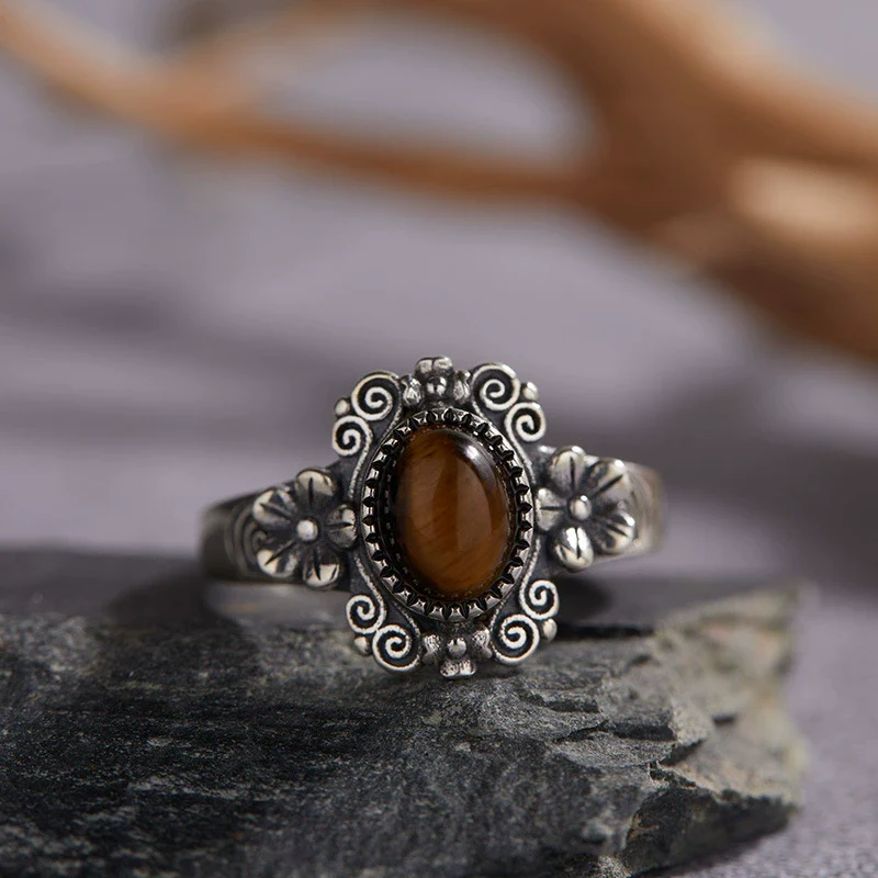 Wholesale Women's Retro Silver 925 Sterling Silver Ring Inlaid With Natural Tiger Eye Lapis Lazuli Rhombus Pattern - Image 7