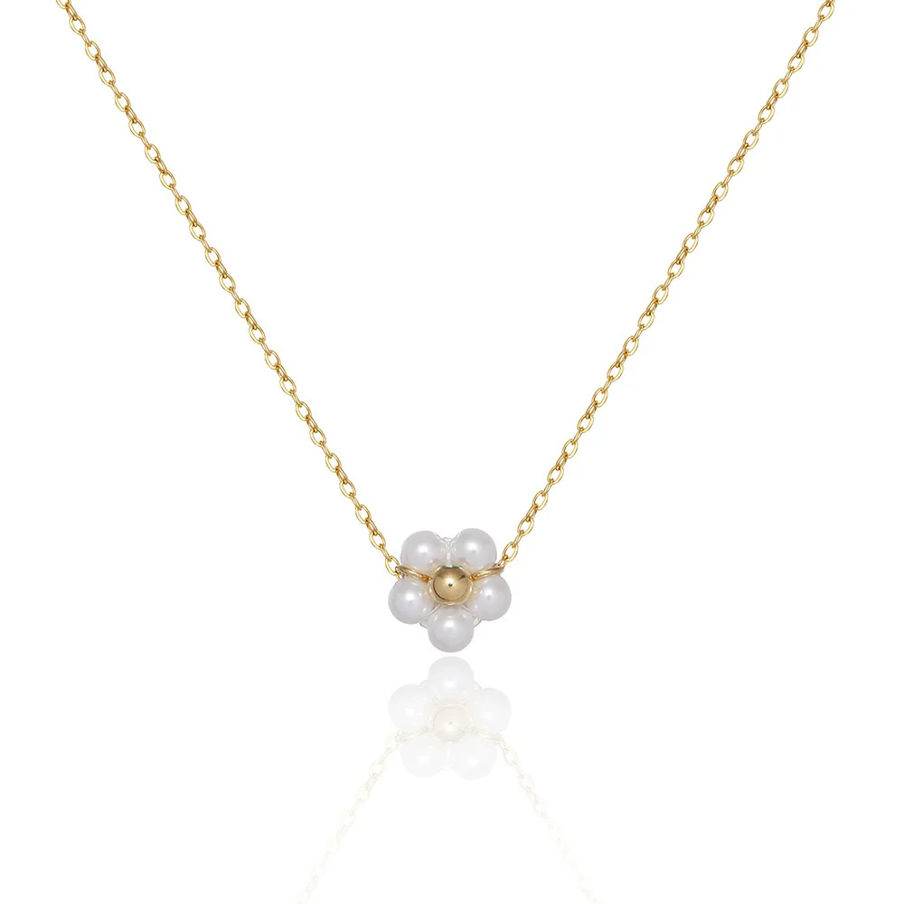 Wholesale Women's Retro Stainless Steel And Titanium Steel Daisy Flower Necklace With Glass Pearl Pendant Electroplated Ochain - Image 5
