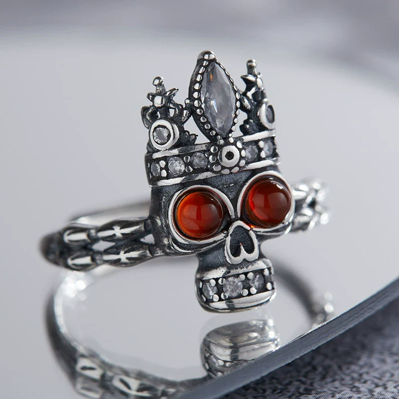 Wholesale Women's Retro Style S925 Sterling Silver Ring With Natural Red Agate And Skull Design - Image 2