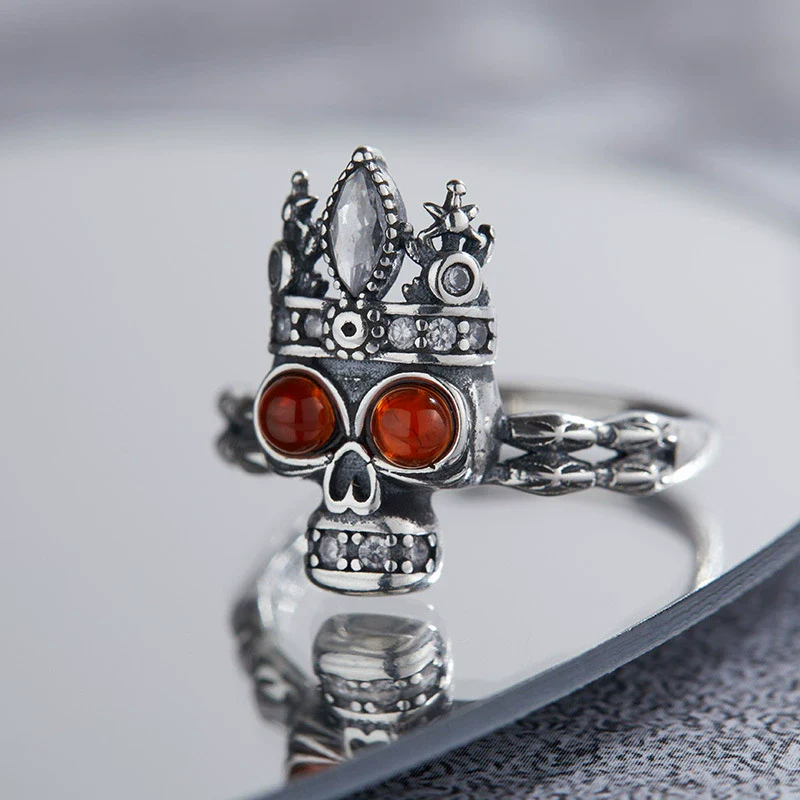 Wholesale Women's Retro Style S925 Sterling Silver Ring With Natural Red Agate And Skull Design - Image 3