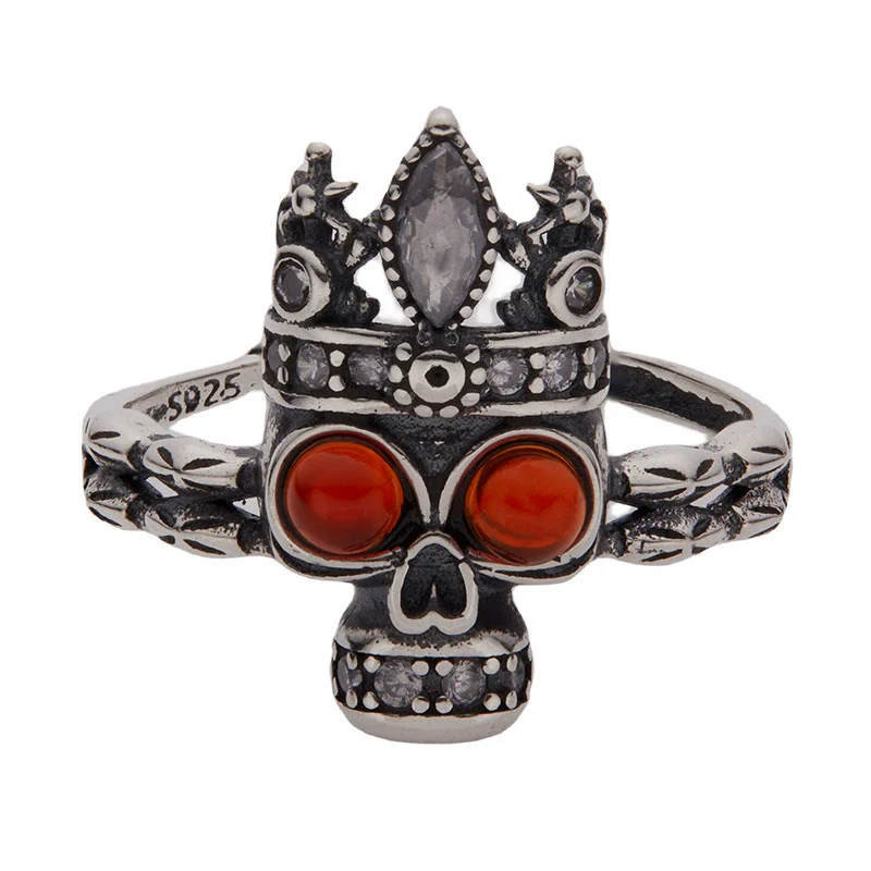 Wholesale Women's Retro Style S925 Sterling Silver Ring With Natural Red Agate And Skull Design - Image 5