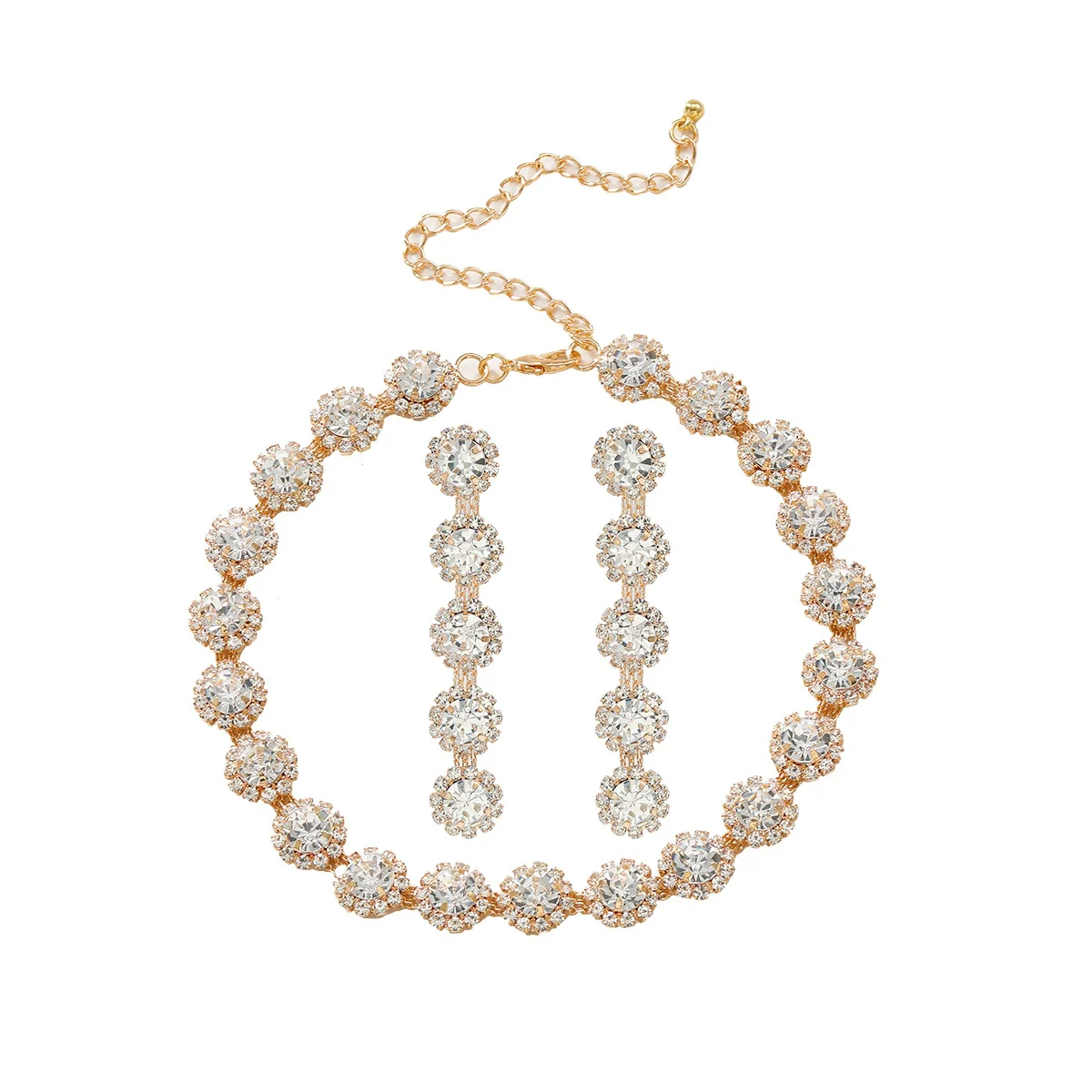 Wholesale Women's Rhinestone Inlaid Clavicle Chain Necklace And Earrings Set Vintage Fashion Geometric Jewelry - Image 6