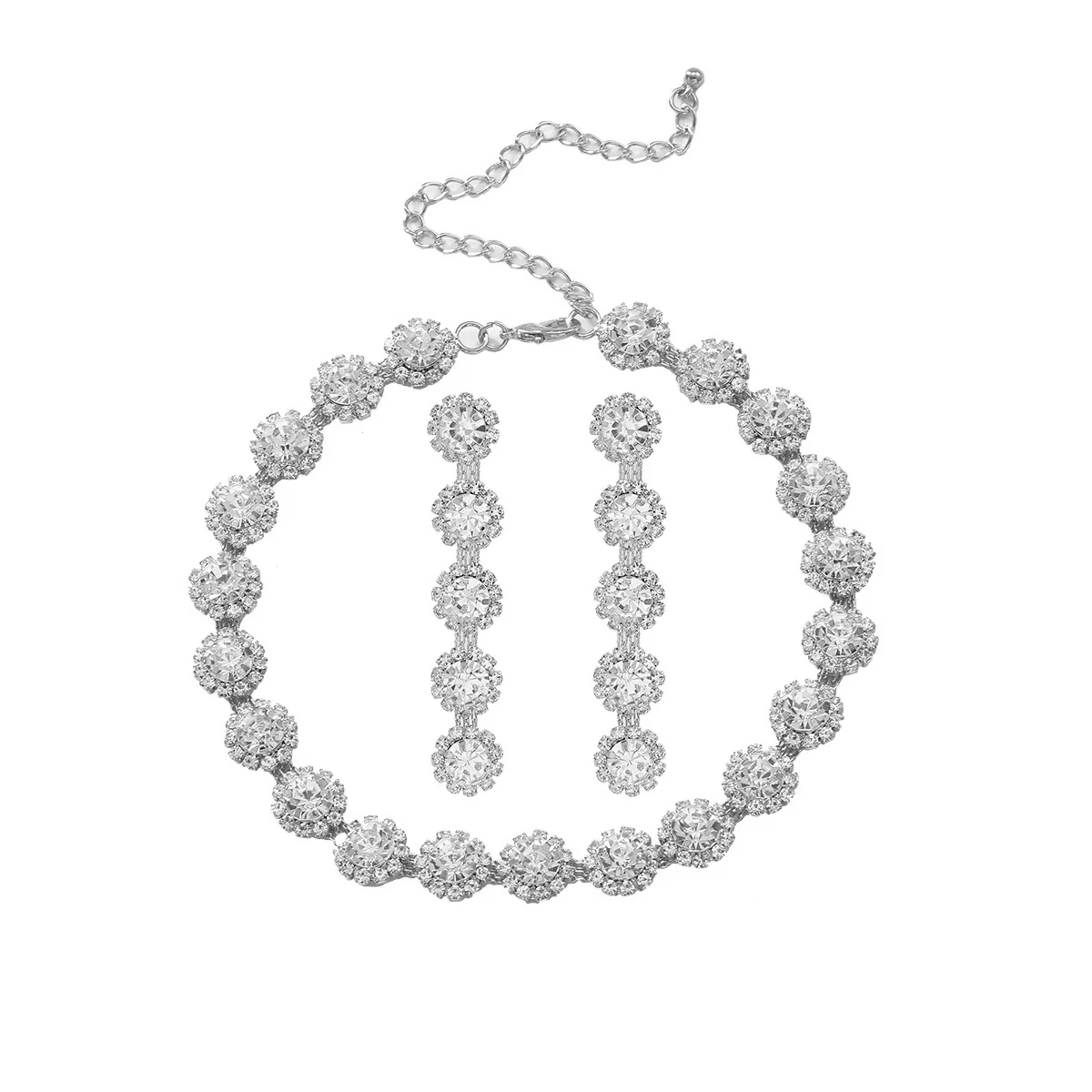 Wholesale Women's Rhinestone Inlaid Clavicle Chain Necklace And Earrings Set Vintage Fashion Geometric Jewelry - Image 7
