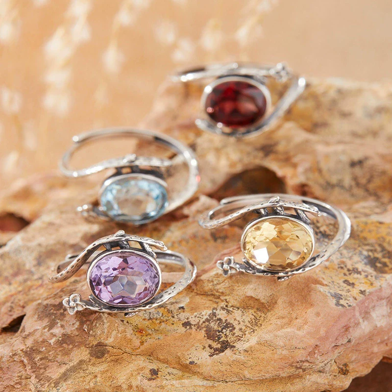 Wholesale Women's Ring With Natural Color Amethyst Citrine Topaz Garnet Set With Crystal In Thai Silver And S925 Sterling Silver With Flower Pattern