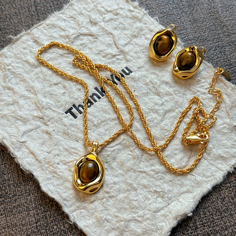 Wholesale Women's S925 Silver Geometric Tiger Eye Ear Jewelry With Real Gold Plating Retro Light Luxury Style - Image 4