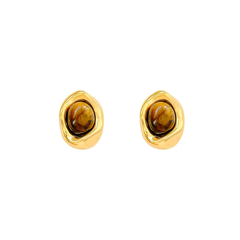 Wholesale Women's S925 Silver Geometric Tiger Eye Ear Jewelry With Real Gold Plating Retro Light Luxury Style - Image 5