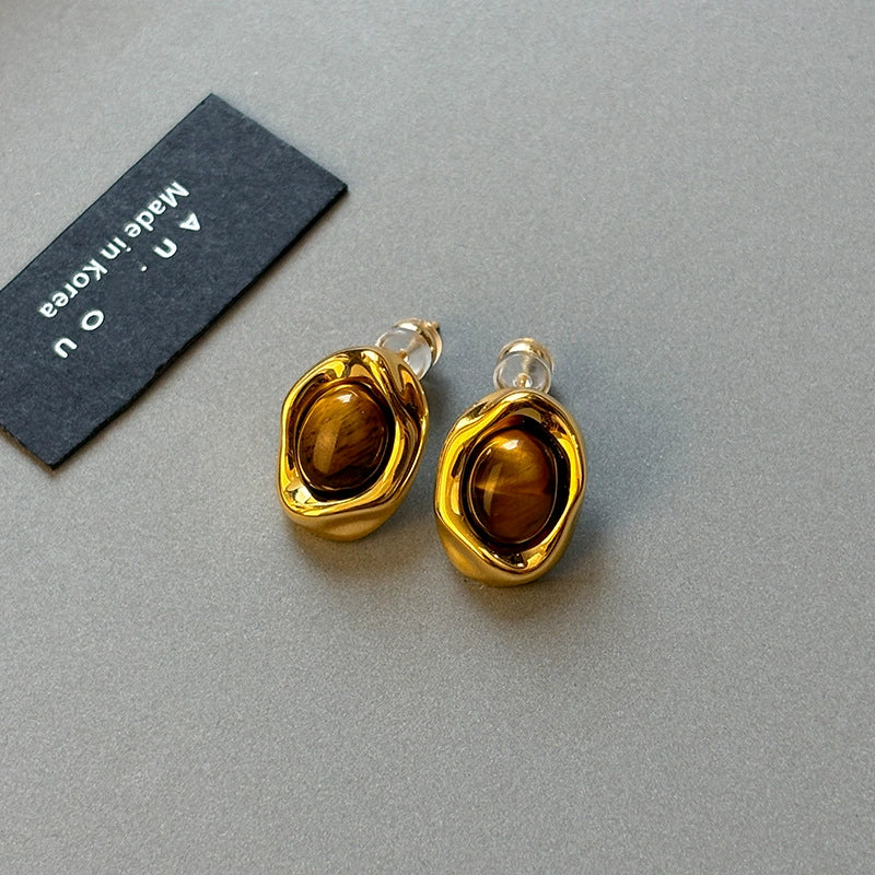 Wholesale Women's S925 Silver Geometric Tiger Eye Ear Jewelry With Real Gold Plating Retro Light Luxury Style - Image 6