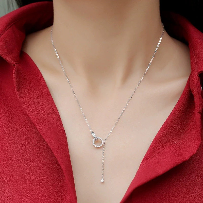 Wholesale Women's S925 Silver Necklace With Geometric Moissanite Ring Pendant And Cross Chain Electroplated Simple Style