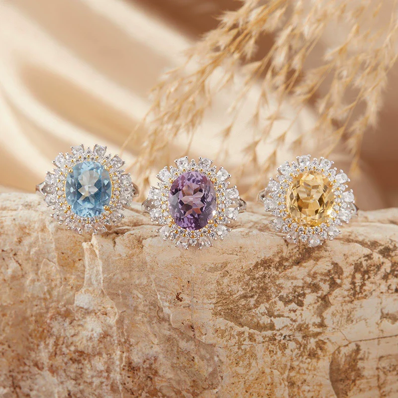Wholesale Women's S925 Sterling Silver Crystal Set Flower Shaped Colored Gemstone Ring With Natural Topaz Amethyst Citrine
