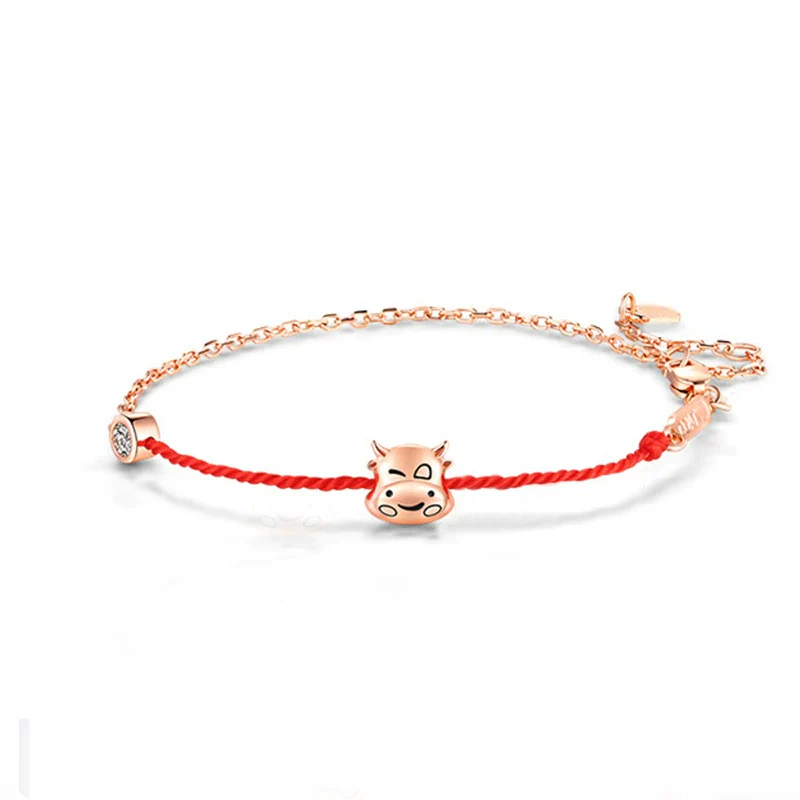 Wholesale Women's S925 Sterling Silver Cute Cow Zodiac Animal Woven Red Electroplated Bracelet - Image 5