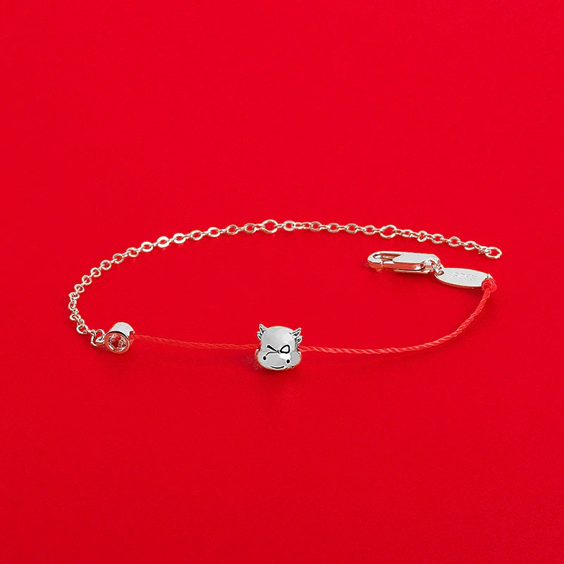Wholesale Women's S925 Sterling Silver Cute Cow Zodiac Animal Woven Red Electroplated Bracelet - Image 6