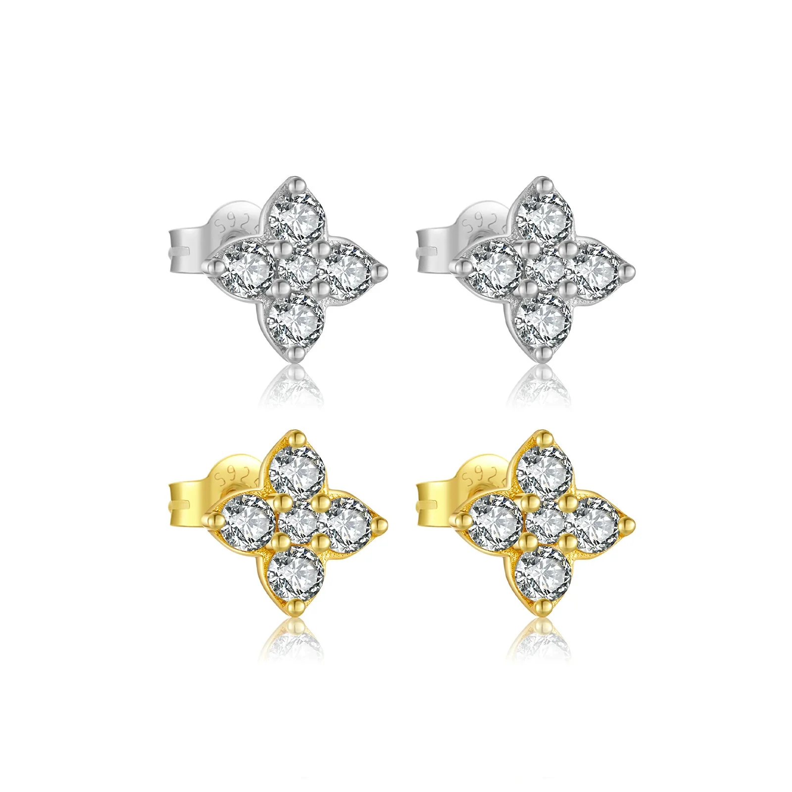Wholesale Women's S925 Sterling Silver Four Leaf Clover Geometric Ear Stud With Zircon Electroplated With Platinum And 18K Gold - Image 5