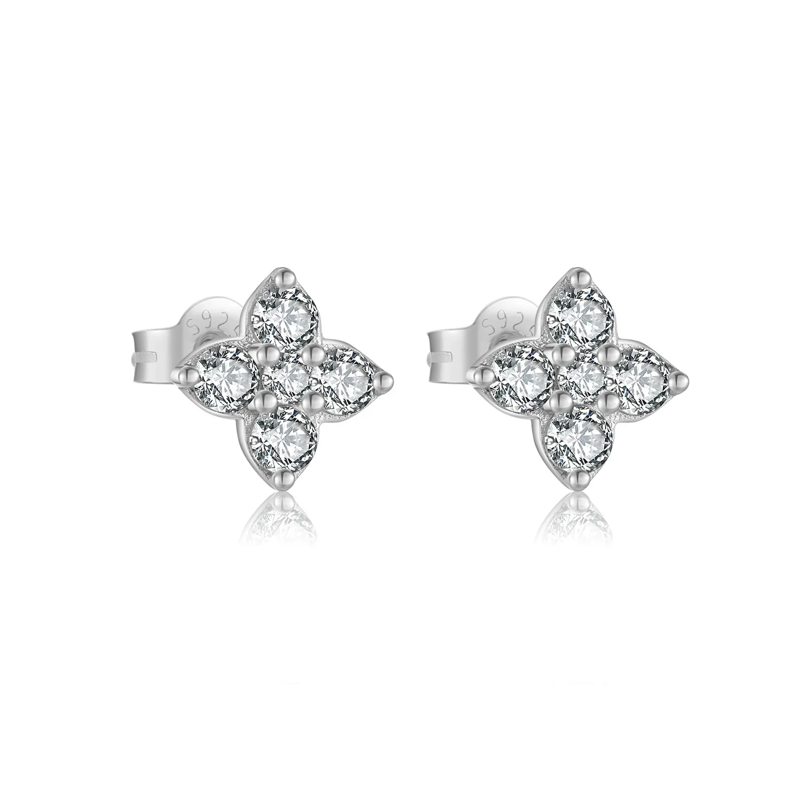 Wholesale Women's S925 Sterling Silver Four Leaf Clover Geometric Ear Stud With Zircon Electroplated With Platinum And 18K Gold - Image 6