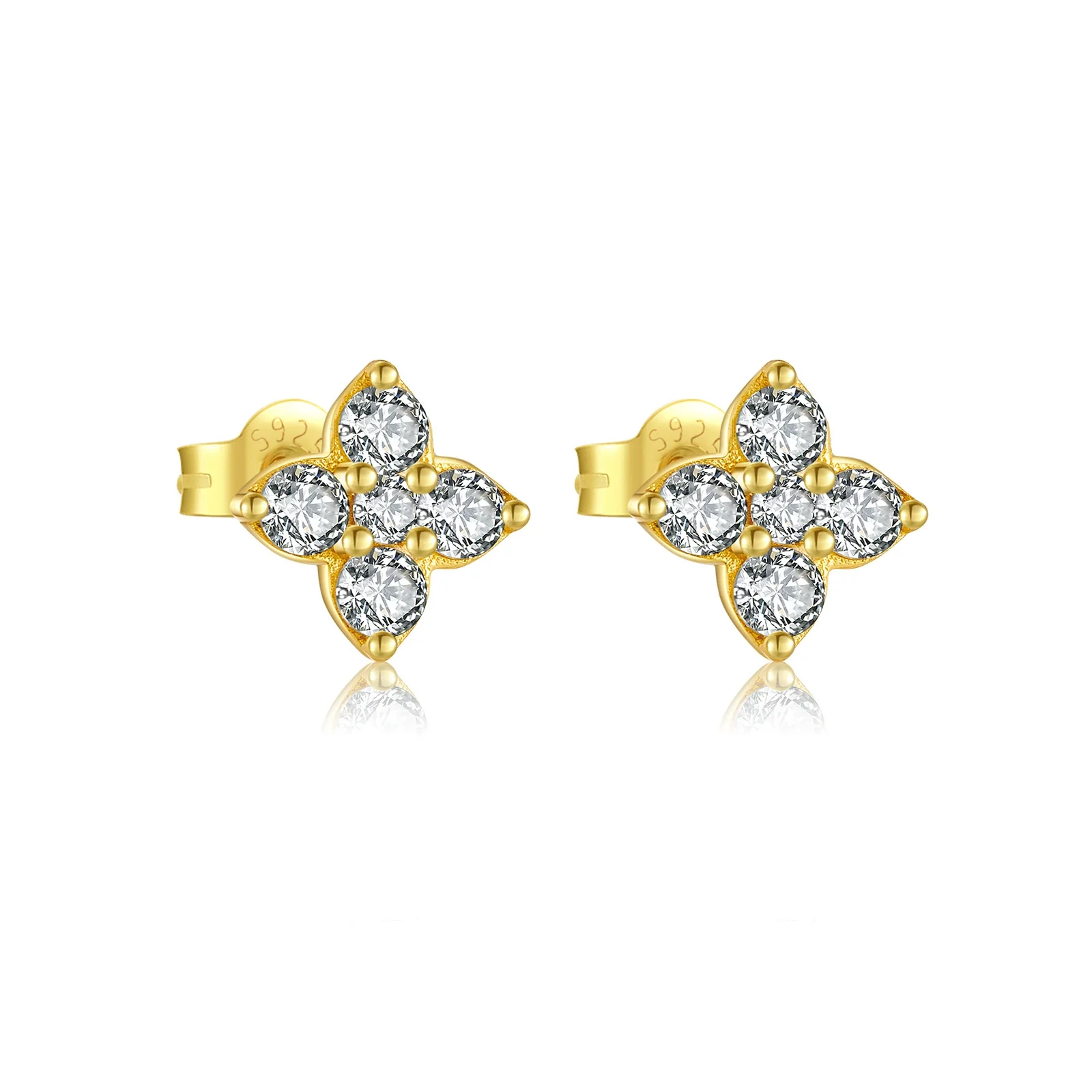 Wholesale Women's S925 Sterling Silver Four Leaf Clover Geometric Ear Stud With Zircon Electroplated With Platinum And 18K Gold - Image 7