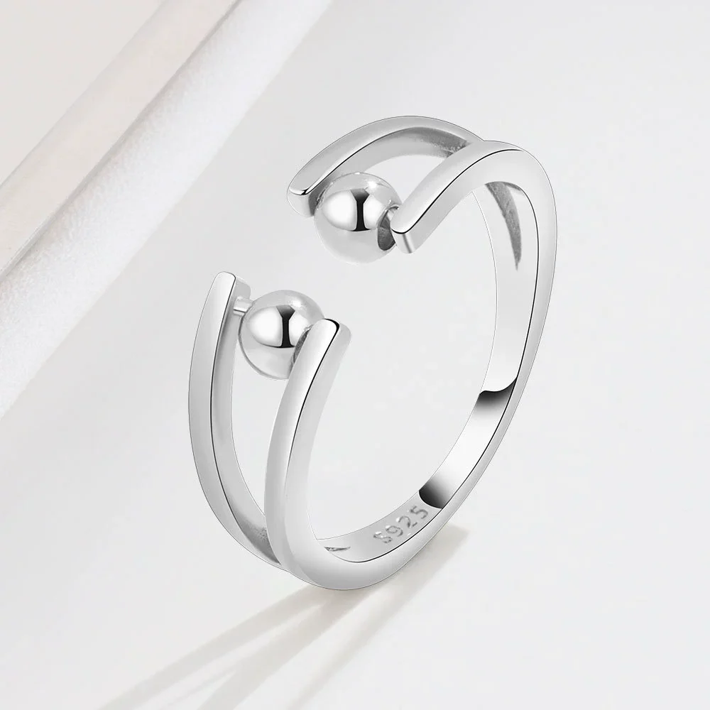 Wholesale Women's S925 Sterling Silver Geometric Antifidget Open Adjustable Beaded Finger Rotating Ring With Electroplating