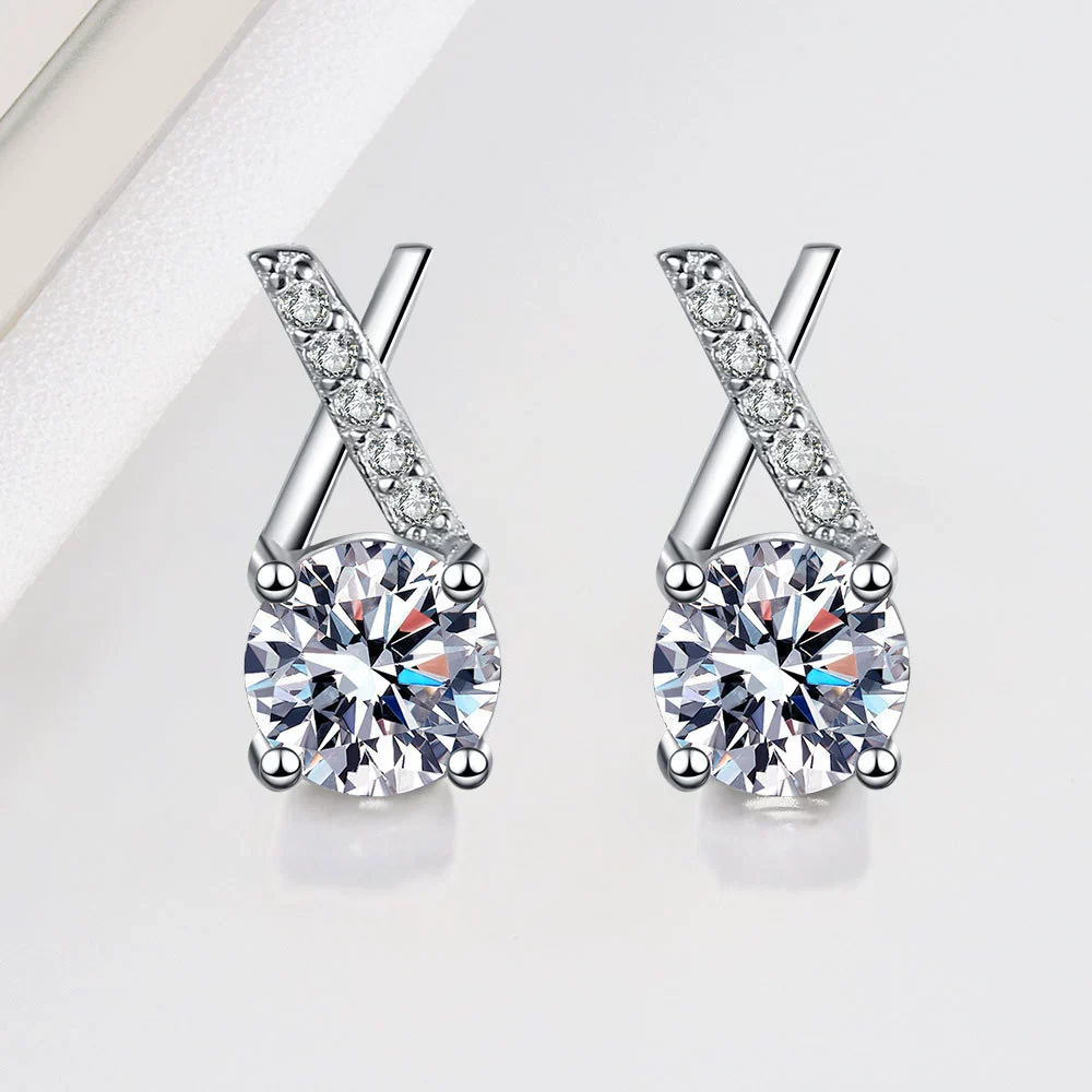 Wholesale Women's S925 Sterling Silver Geometric Cross Unilateral Inlaid Mosang Diamond Electroplated Earrings