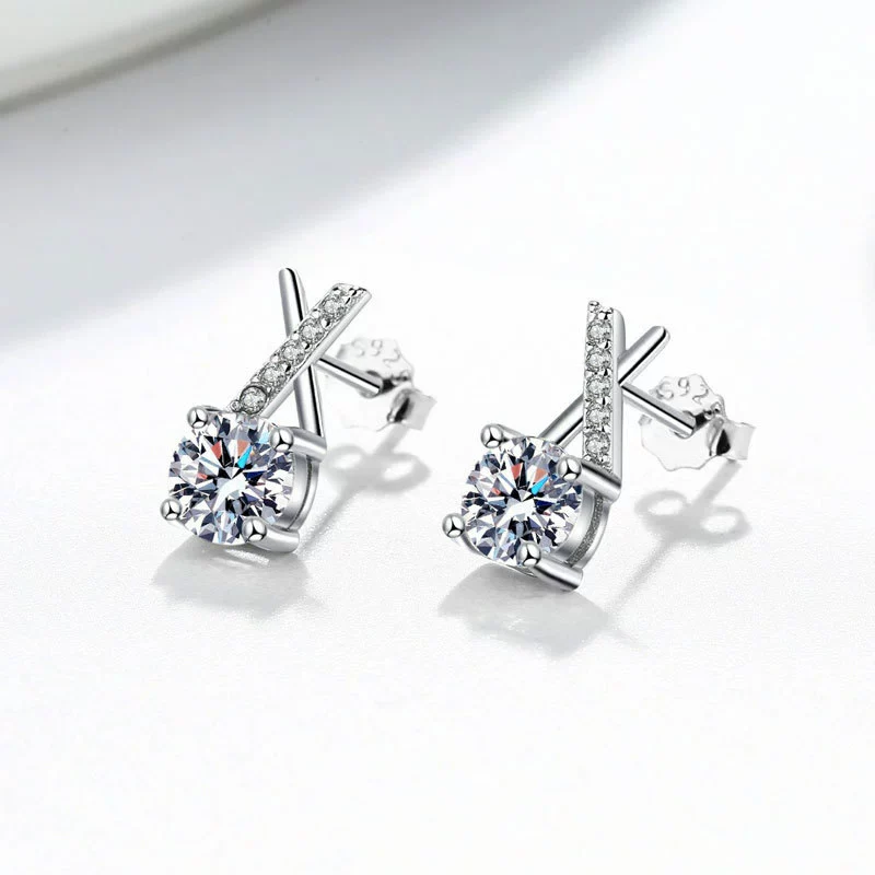 Wholesale Women's S925 Sterling Silver Geometric Cross Unilateral Inlaid Mosang Diamond Electroplated Earrings - Image 4