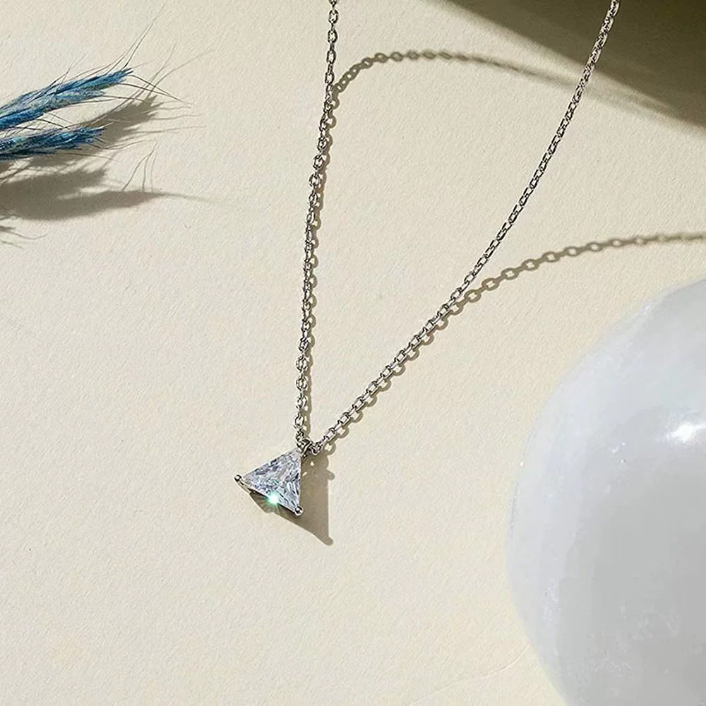 Wholesale Women's S925 Sterling Silver Geometric Single Diamond Triangle Pendant Necklace Plated With 14K Gold - Image 2