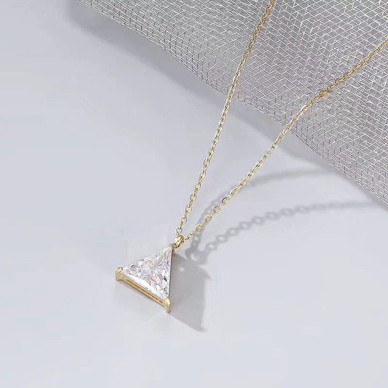Wholesale Women's S925 Sterling Silver Geometric Single Diamond Triangle Pendant Necklace Plated With 14K Gold - Image 3