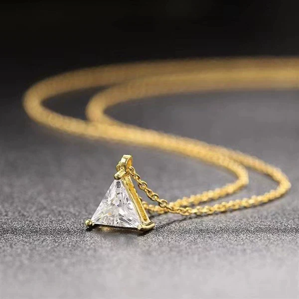 Wholesale Women's S925 Sterling Silver Geometric Single Diamond Triangle Pendant Necklace Plated With 14K Gold - Image 4