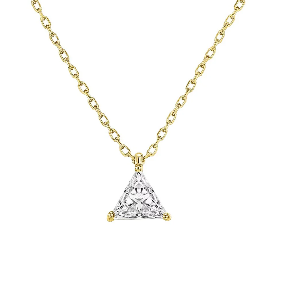 Wholesale Women's S925 Sterling Silver Geometric Single Diamond Triangle Pendant Necklace Plated With 14K Gold - Image 5