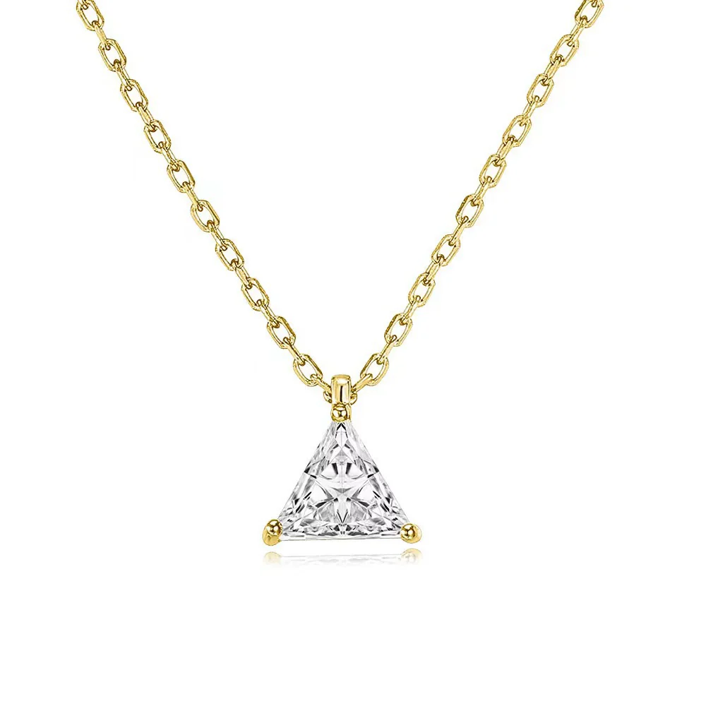 Wholesale Women's S925 Sterling Silver Geometric Single Diamond Triangle Pendant Necklace Plated With 14K Gold - Image 7