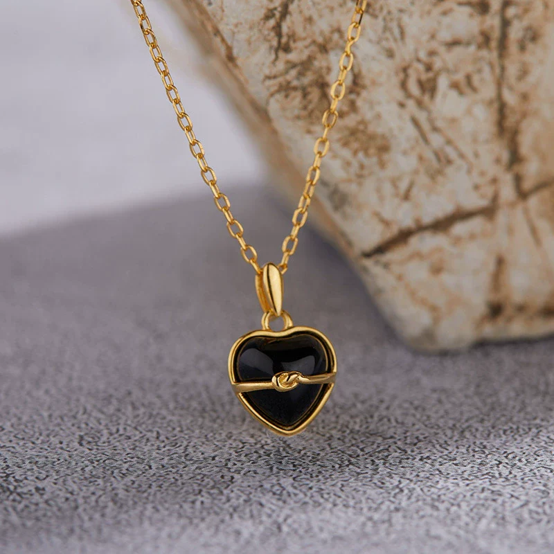 Wholesale Women's S925 Sterling Silver Inlaid Natural Black Agate Heart Shaped Pendant Necklace - Image 2