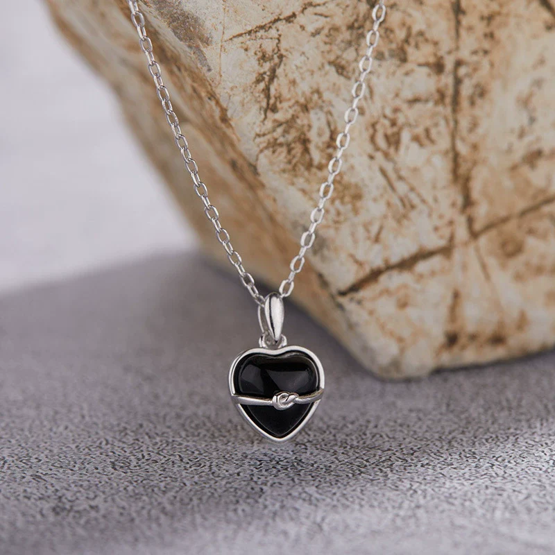 Wholesale Women's S925 Sterling Silver Inlaid Natural Black Agate Heart Shaped Pendant Necklace - Image 3