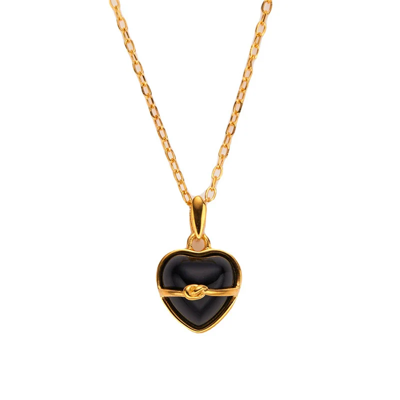 Wholesale Women's S925 Sterling Silver Inlaid Natural Black Agate Heart Shaped Pendant Necklace - Image 5