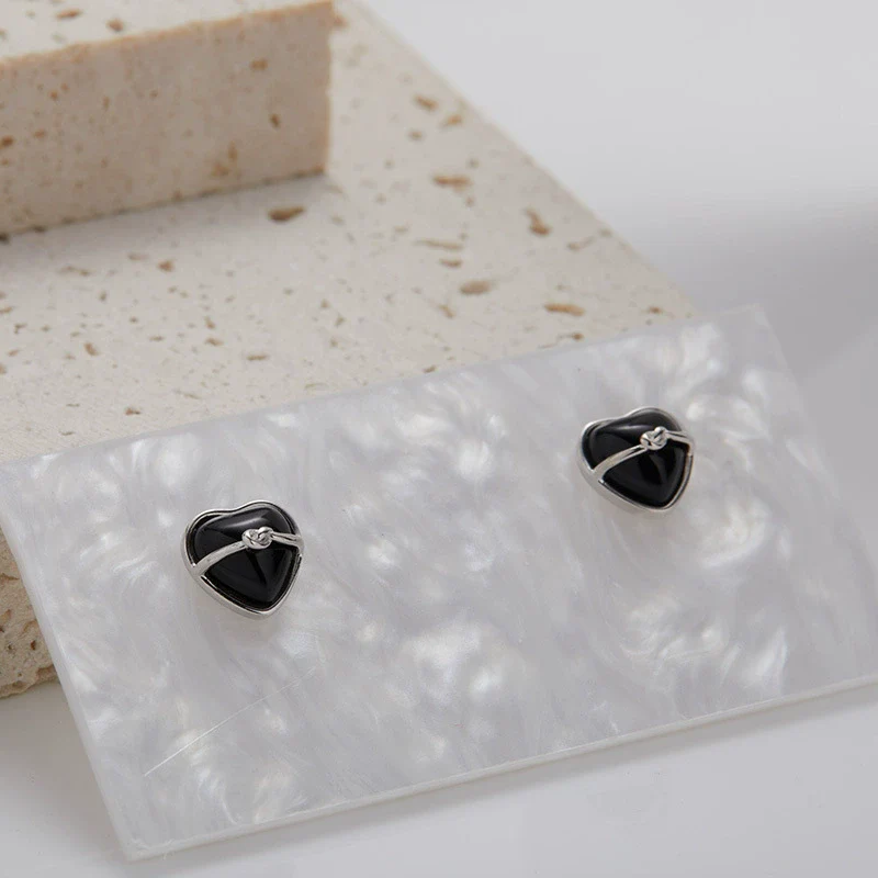Wholesale Women's S925 Sterling Silver Inlaid Natural Black Agate Heart Shaped Pendant Necklace - Image 9