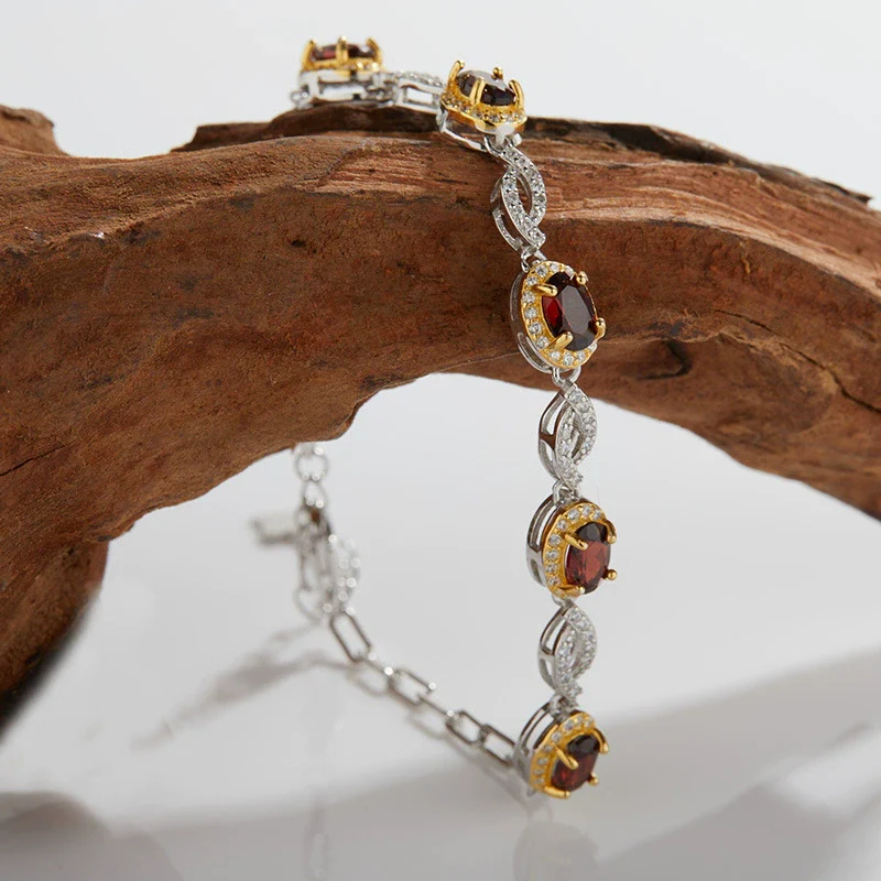 Wholesale Women's S925 Sterling Silver Inlaid Natural Garnet Peridot Electroplated Light Luxury Bracelet - Image 3
