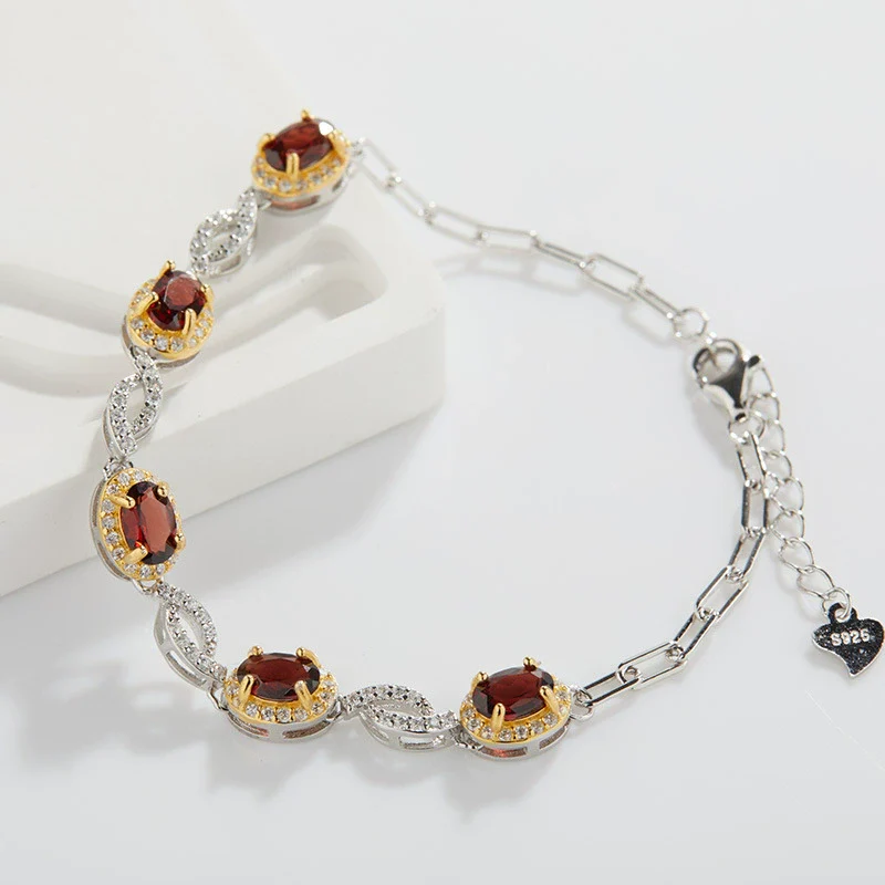 Wholesale Women's S925 Sterling Silver Inlaid Natural Garnet Peridot Electroplated Light Luxury Bracelet - Image 4