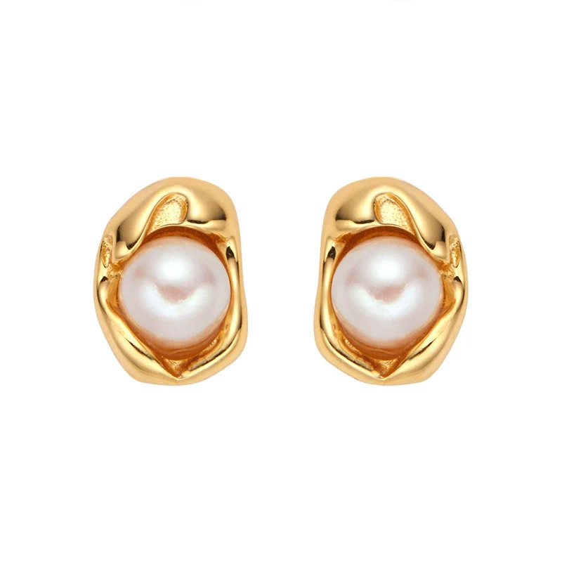 Wholesale Women's S925 Sterling Silver Natural Freshwater Pearl Geometric U Shaped Earrings Plated 18K Real Gold - Image 5