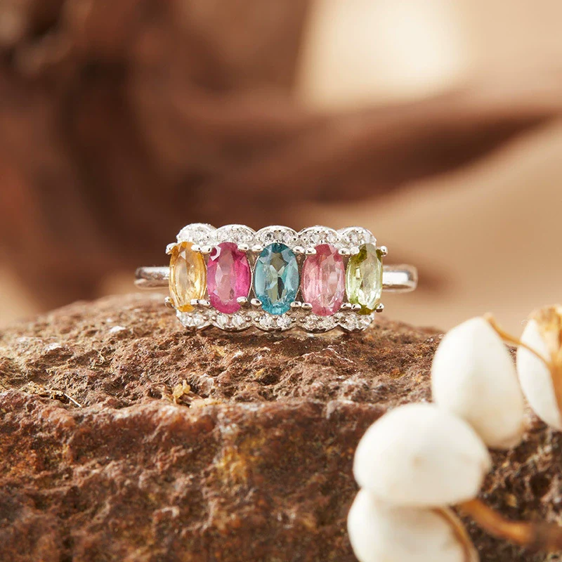 Wholesale Women's S925 Sterling Silver Natural Tourmaline Colored Gemstone Geometric Ring Sweet Style - Image 3