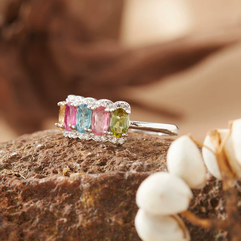 Wholesale Women's S925 Sterling Silver Natural Tourmaline Colored Gemstone Geometric Ring Sweet Style - Image 4