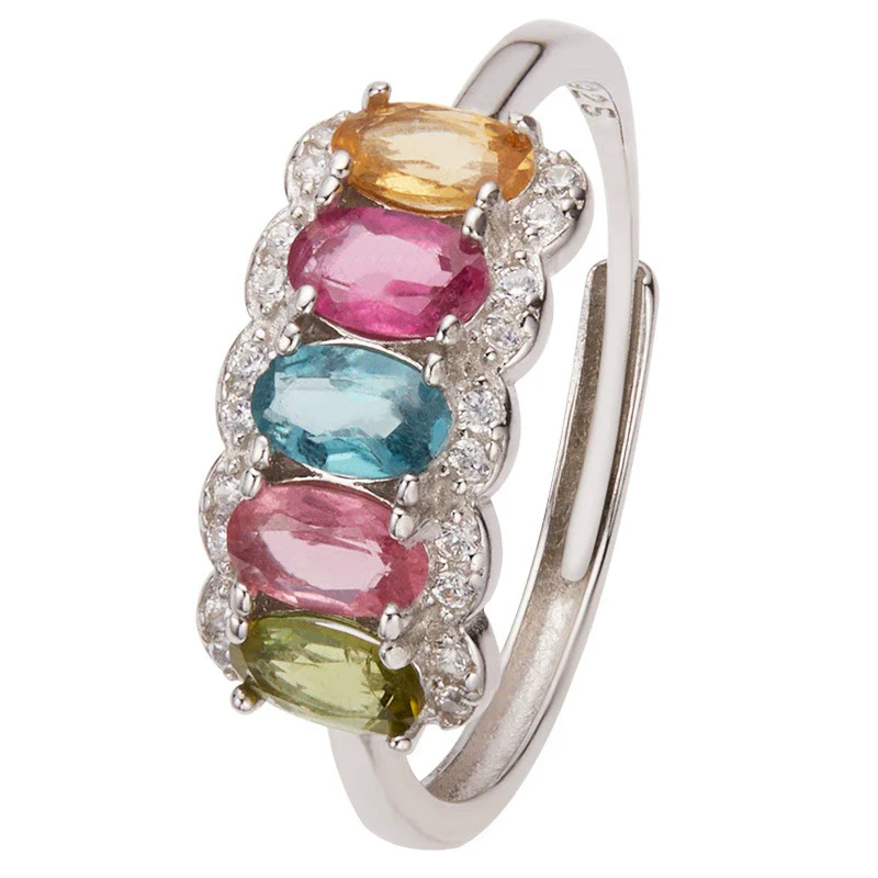 Wholesale Women's S925 Sterling Silver Natural Tourmaline Colored Gemstone Geometric Ring Sweet Style - Image 5