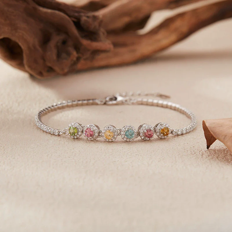 Wholesale Women's S925 Sterling Silver Tourmaline Geometric Sweet Style Colored Gemstone Bracelet Set With Gemstones - Image 4