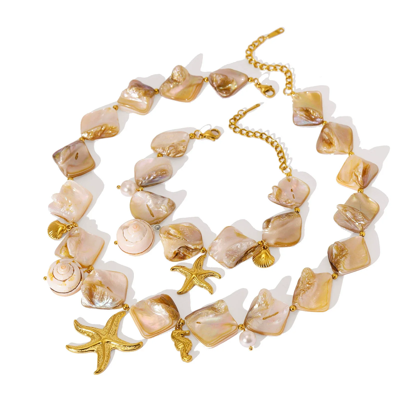 Wholesale Women's Seaside Resort Style Stainless Steel 18K Gold Plated Heart Shape Geometric Necklace Bracelet Combination - Image 5